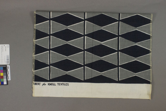 Hearst Museum object 1 of 3 titled Textile sample, accession number 2-62729, described as Strip; linen, plain weave, printed, white ground, gray and black designs, geometric motives, “Diamonds,” similar to 2491, 2492