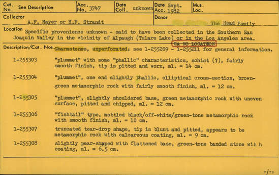 Documentation associated with Hearst Museum object titled Charmstone, accession number 1-255306, described as Unperforated charmstone; “fishtail” type, mottled black/off-white/green-tone metamorphic rock with smooth finish