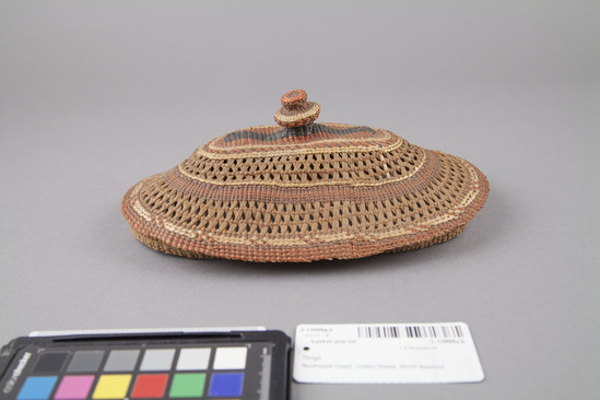 Hearst Museum object 3 of 3 titled Basket and lid, accession number 2-13999a,b, described as (a) Overlay twined basket, elliptical, colored, diamond design. (b) Openwork lid with handle.