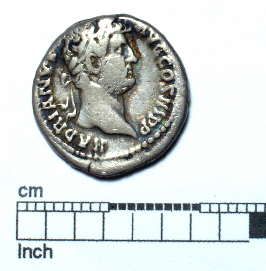 Hearst Museum object titled Coin: ar, accession number 8-7583, described as Coin; AG; Roman; Hadrian. Obverse: bust r. laureate, HADRIANVS AVG COS III PP. Reverse: Salus standing, SALVS AVG