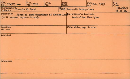 Documentation associated with Hearst Museum object titled Silkscreen, accession number 17-573a-e, described as Album of cave paintings of Arnhemland.