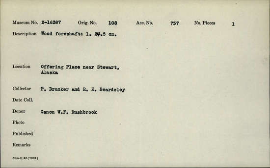 Documentation associated with Hearst Museum object titled Worked wood, accession number 2-16387, described as Wood foreshaft: length 24.5 cm.