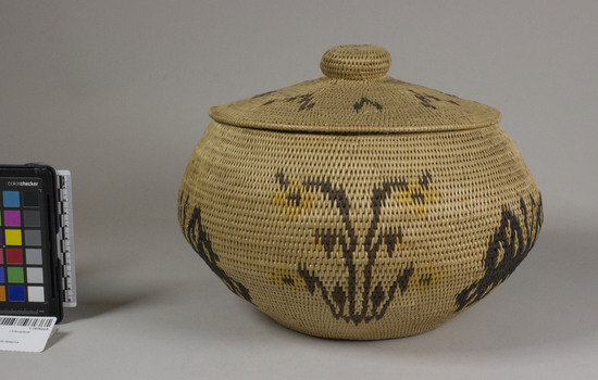 Hearst Museum object 2 of 3 titled Basket with lid, accession number 1-70702a,b, described as Single rod coiling, bowl shape. With cover.