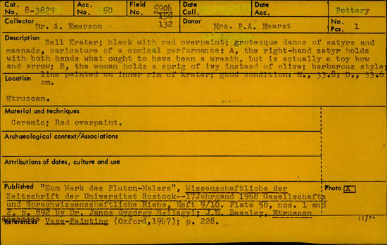 Documentation associated with Hearst Museum object titled Bell-krater, accession number 8-3829, described as Bell krater; Black with red overpaint; grotesque dance of satyrs and maenads, caricature of a comical performance: A, the right hand satyr holds with both hands what ought to have been a wreath but is actually a toy bow and arrow; B, the woman holds a sprig of ivy instead of olive; barbarous style; line painted on inner rim of krater; good condition. Height: 33.8 cm; diameter: 33.6 cm.