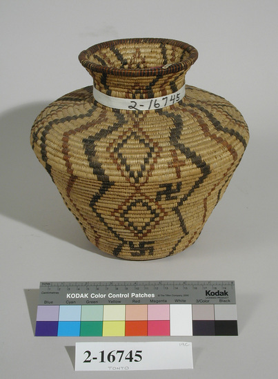 Hearst Museum object titled Basket, accession number 2-16745, described as Bottle neck, black and red design, coiled.