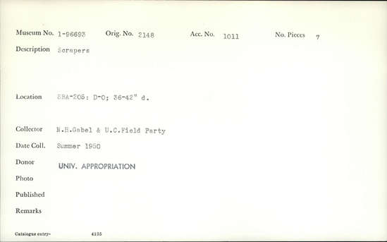 Documentation associated with Hearst Museum object titled Scrapers, accession number 1-96693, described as Scrapers.