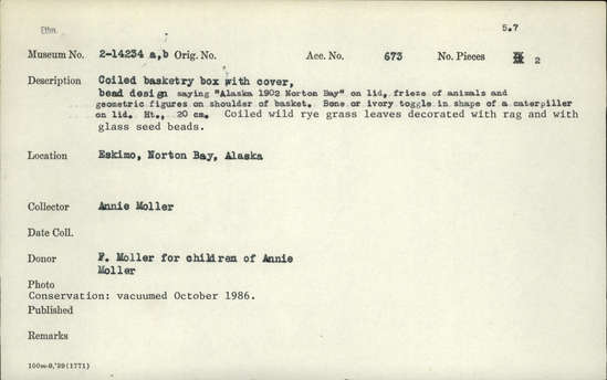 Documentation associated with Hearst Museum object titled Box and lid, accession number 2-14234a,b, described as Coiled basketry box with cover, bead design saying "Alaska 1902 Norton Bay" on lid, frieze of animals and geometric figures on shoulder of basket.  Bone or ivory toggle in shape of a caterpiller on lid.  Coiled wild rye grass leaves decorated with rag and with glass seed beads.