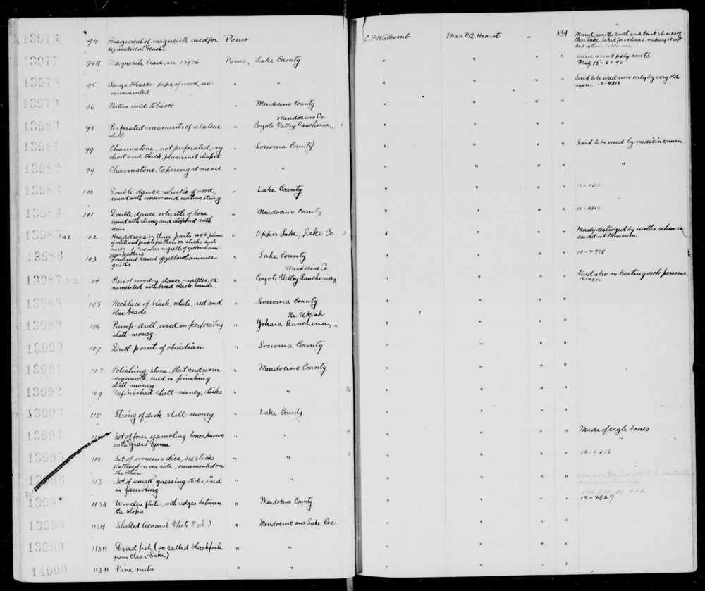 Documentation associated with Hearst Museum object titled Charmstone, accession number 1-13982, described as Tapering at one end.