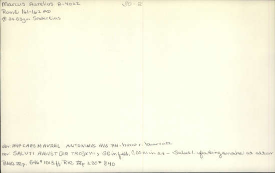 Documentation associated with Hearst Museum object titled Coin: æ sestertius, accession number 8-4022, described as Coin; AE; Sestertius; Roman. Marcus Aurelius, 161-162 AD. Rome, Italy Obverse: IMP CAES M AVREL ANTONINVS AVG P M, Bust r. laureate. Reverse: SALVTI AVGVSTOR TR P XVII, Salus left feeding snake at altar; S C in field; in exergue, COS III.