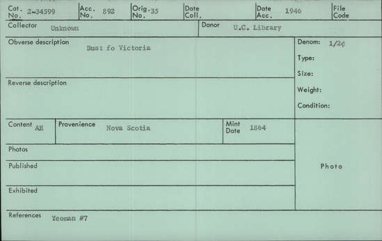 Documentation associated with Hearst Museum object titled Coin: 1/2 cent, accession number 2-34599, described as Half penny, 1864, minted in Birmingham. Obverse: VICTORIA D:G / BRITT:REG:F:D - draped bust of queen facing left, laurel in hair. Reverse: HALF CENT / NOVA SCOTIA date - Border of roses and leaves around crown