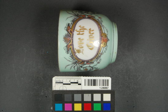 Hearst Museum object titled Ceramic cup, accession number 1-246867, described as Ceramic cup; whole; porcelain transfer print hand-painted glazed