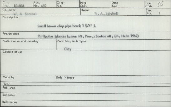 Documentation associated with Hearst Museum object titled Pipe bowl, accession number 10-804, described as Small brown clay pipe bowl