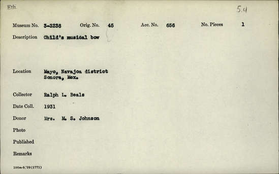 Documentation associated with Hearst Museum object titled Musical bow, accession number 3-3238, described as Child’s musical bow