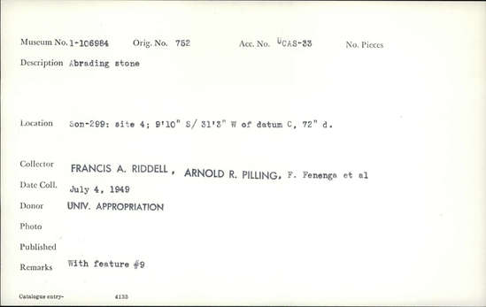 Documentation associated with Hearst Museum object titled Abrader, accession number 1-106984, described as Abrading stone