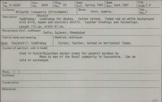 Documentation associated with Hearst Museum object titled Saddlebag, accession number 9-16367, described as Saddlebag: double saddlebag for donkey. Cotton twined. Faded red on white background with bird, human and abstract motifs. Leather bindings and fastenings. Length 115 cm., width 67 cm.