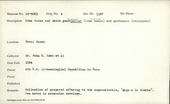 Documentation associated with Hearst Museum object titled Organic material, accession number 16-8081, described as Lima beans and chickpeas