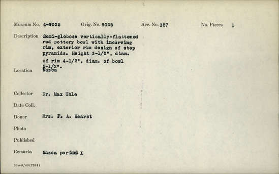 Documentation associated with Hearst Museum object titled Bowl, accession number 4-9025, no description available.