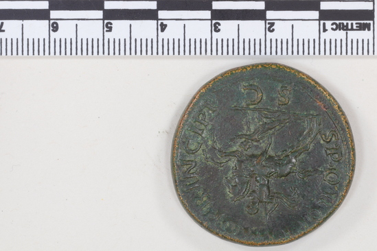 Hearst Museum object 8 of 12 titled Coin: æ sestertius, accession number 8-5518, described as Coin; AE; Sestertius; Roman. 26.65 grams, 33 mm. Trajan, 103-111 AD. Obverse: IMP CAES NERVAE TRAIANO AVG GER DAC PM TRP COS V(?) PP(?), head of Trajan r. laureate. Reverse: S.P.Q.R. OPTIMO PRINCIPI, Trajan mounted r. cuirassed and cloaked, lance aimed at barbarian r.; in exergue, S C