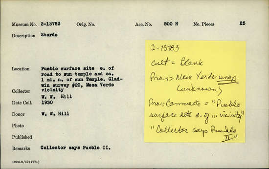 Documentation associated with Hearst Museum object titled Potsherd and point, accession number 2-13783, described as Sherds