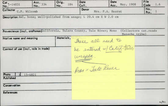 Documentation associated with Hearst Museum object titled Awl, accession number 1-14031, described as Large, bone.