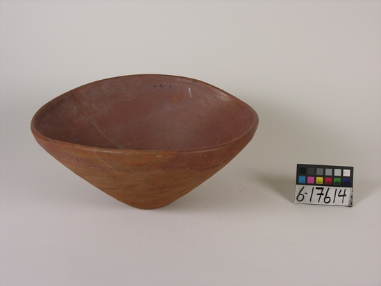 Hearst Museum object titled Broken bowl, accession number 6-17614, described as Pottery: polished bowl, irregular, broken and repaired, diameter 27 cm, height 12 cm.