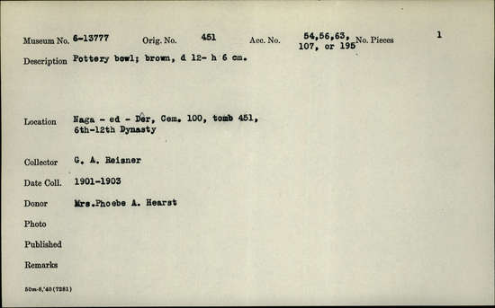 Documentation associated with Hearst Museum object titled Bowl, accession number 6-13777, described as pottery bowl; brown, diameter 12- height 6 cm