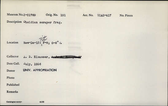 Documentation associated with Hearst Museum object titled Scraper fragment, accession number 2-31769, described as Obsidian.