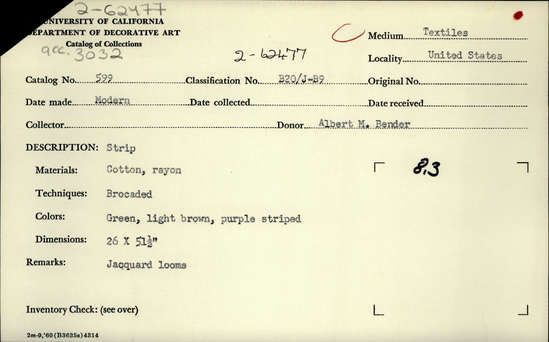 Documentation associated with Hearst Museum object titled Textile sample, accession number 2-62477, described as Strip; cotton, rayon, brocaded, colors green, light brown and purple striped, Jacquard looms