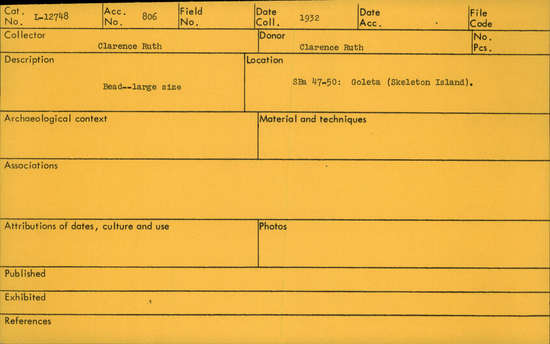 Documentation associated with Hearst Museum object titled Bead, accession number L-12748, described as Bead- large size