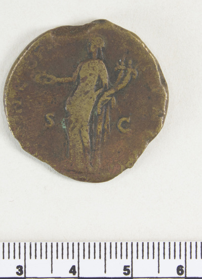 Hearst Museum object 2 of 9 titled Coin: æ sestertius, accession number 8-6478, described as Coin: Sestertius; Æ; Faustina (Faustina I, wife of Antoninus Pius) Ru. Concordia C.154, Varient. - 13.2 gm. Broken flan.