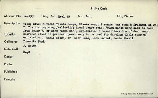 Documentation associated with Hearst Museum object titled Audio recording, accession number 24-139.S#16.B.8, described as Unidentified song