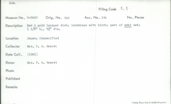 Documentation associated with Hearst Museum object titled Bowl, accession number 9-5690, described as Red and gold lacquer dish; landscape with birds; part of saki set.