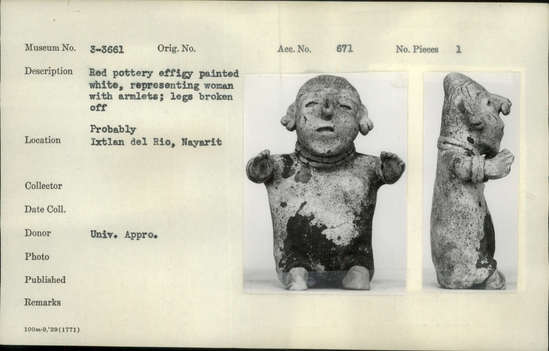 Documentation associated with Hearst Museum object titled Figurine, accession number 3-3661, described as Red pottery effigy painted white, representing woman with armlets; legs broken off