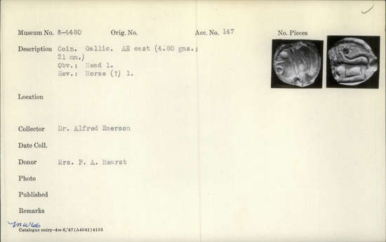 Documentation associated with Hearst Museum object titled Coin: billon denarius (barbarous imitation), accession number 8-4480, described as Coin; Billon; Denarius; Gallic. 4.60 grams, 21 mm. Obverse: Head l. Reverse: Horse l.