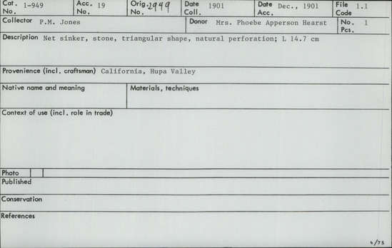 Documentation associated with Hearst Museum object titled Sinker (fishing), accession number 1-949, described as Peforated stone.