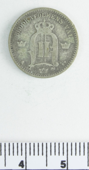 Hearst Museum object titled Coin, accession number 7-2909, described as Coin: Ag; Obverse- Brodra- Folkens- Väl. (cipher of Oscar II) Reverse- 25 öre. 1874; 2.31 grams.