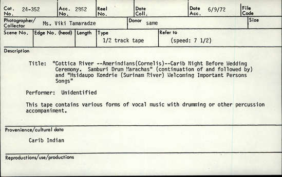 Documentation associated with Hearst Museum object titled Audio recording, accession number 24-352, described as “Cottica River-- Amerindians (Cornelis)-- Carib Night Before Wedding Ceremony. Samburi Drum Marachas” (continuation of and followed by) and “Hsidaupo Kondrei (Surinam River) Welcoming Important Persons Songs”. This tape contains various forms of vocal music with drumming or other percussion accompaniment.
