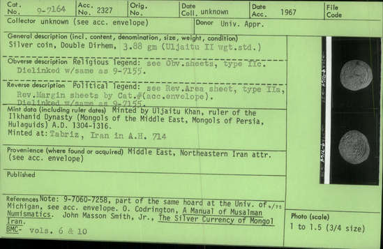 Documentation associated with Hearst Museum object titled Coin: ar double dirhem, accession number 9-7164, described as Silver coin, Double Dirhem, 3.88 gm (Ghazan-Uljaitu II weight standard)