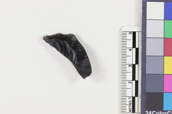 Hearst Museum object titled Flake, accession number 16-14435, described as Projectile point fragment; obsidian; triangular; weight: 3.95 grams; length: 3.7 cm; width: 1.5 cm; depth: 0.75 cm.