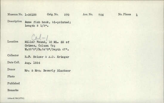 Documentation associated with Hearst Museum object titled Fishhook, accession number 1-38108, described as Bone, bi-pointed.