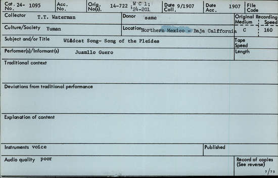 Documentation associated with Hearst Museum object titled Audio recording, accession number 24-1095, described as Wildcat Song, Song of the Pleides