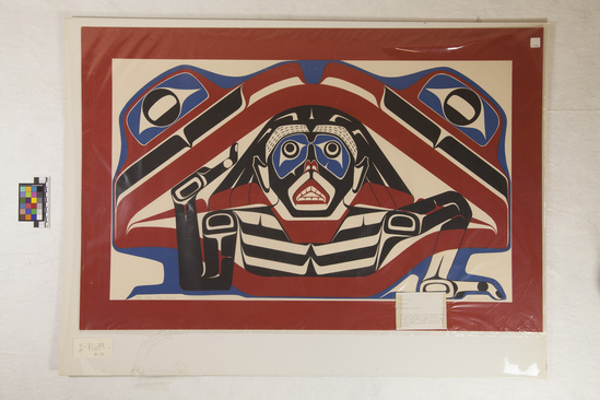 Hearst Museum object titled Silkscreen print, accession number 2-71699, described as Silkscreen print; black, red, and blue; titled "Man and Frog Legend" dated (19 7..signed Cranmer; numbered 59 out of 100.