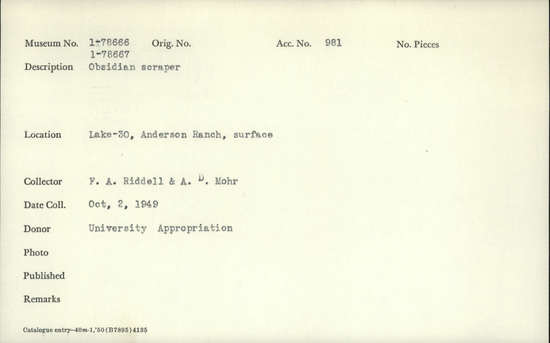 Documentation associated with Hearst Museum object titled Scraper, accession number 1-78666, described as Obsidian.