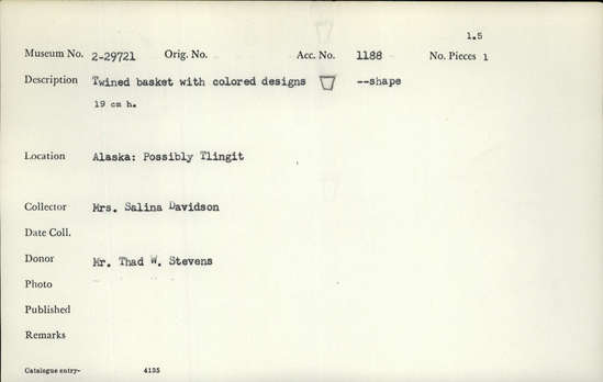Documentation associated with Hearst Museum object titled Basket, accession number 2-29721, described as Twined, with colored designs, bucket shape.
