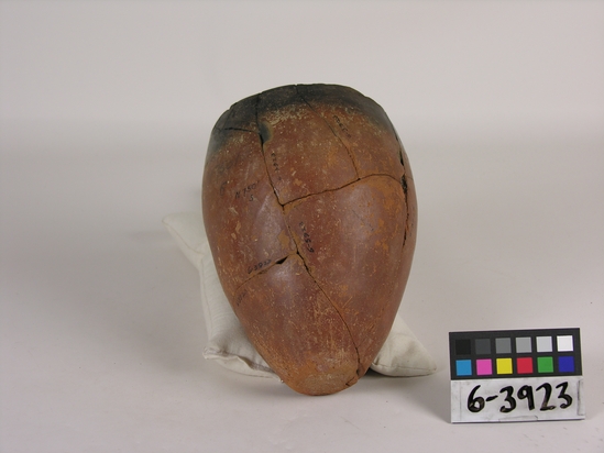 Hearst Museum object titled Broken jar, accession number 6-3923, described as Pottery, red jar with black rim, broken; least diameter 12, greatest diameter 13 cm.