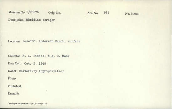 Documentation associated with Hearst Museum object titled Scraper, accession number 1-78575, described as Obsidian.