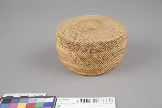 Hearst Museum object 3 of 4 titled Basket and lid, accession number 2-14001a,b, described as a) Twined basket brown and red bands, rim reinforced with bark strip.  b) Lid.