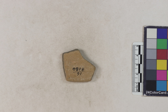 Hearst Museum object 2 of 2 titled Potsherd, accession number 16-8180, described as Potsherd: rim, red slip Section of Manta on beach currently inhabited. Numbers  8111 to 8194 are sherds picked up on beach at low tide.