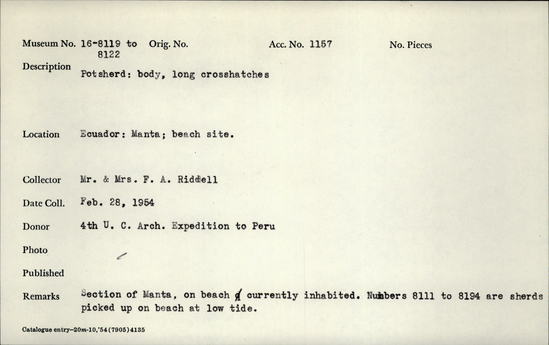 Documentation associated with Hearst Museum object titled Potsherd, accession number 16-8121, described as Potsherd; body, long crosshatches. Section of Manta on Beach currently inhabited. Numbers  8111 to 8194 are sherds picked up on beach at low tide.