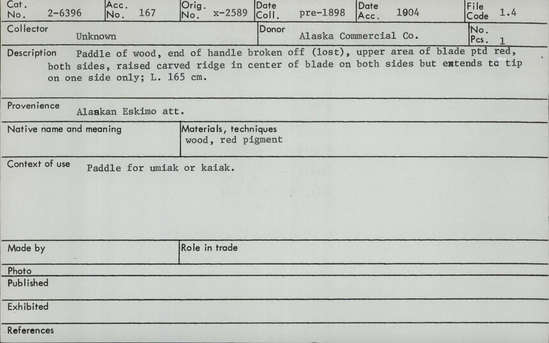 Documentation associated with Hearst Museum object titled Paddle, accession number 2-6396, described as Paddle of wood, end of handle broken off (lost), upper area of blade painted red, both sides, raised carved ridge in center of both sides but extends to tip on one side only.